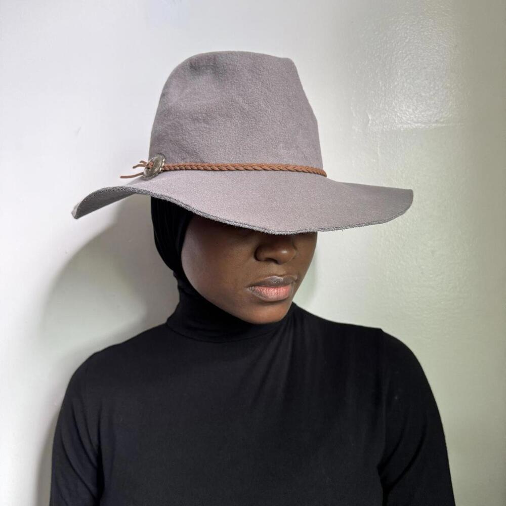 Vintage grey‎ wide-brim hat with braided brown cord detail